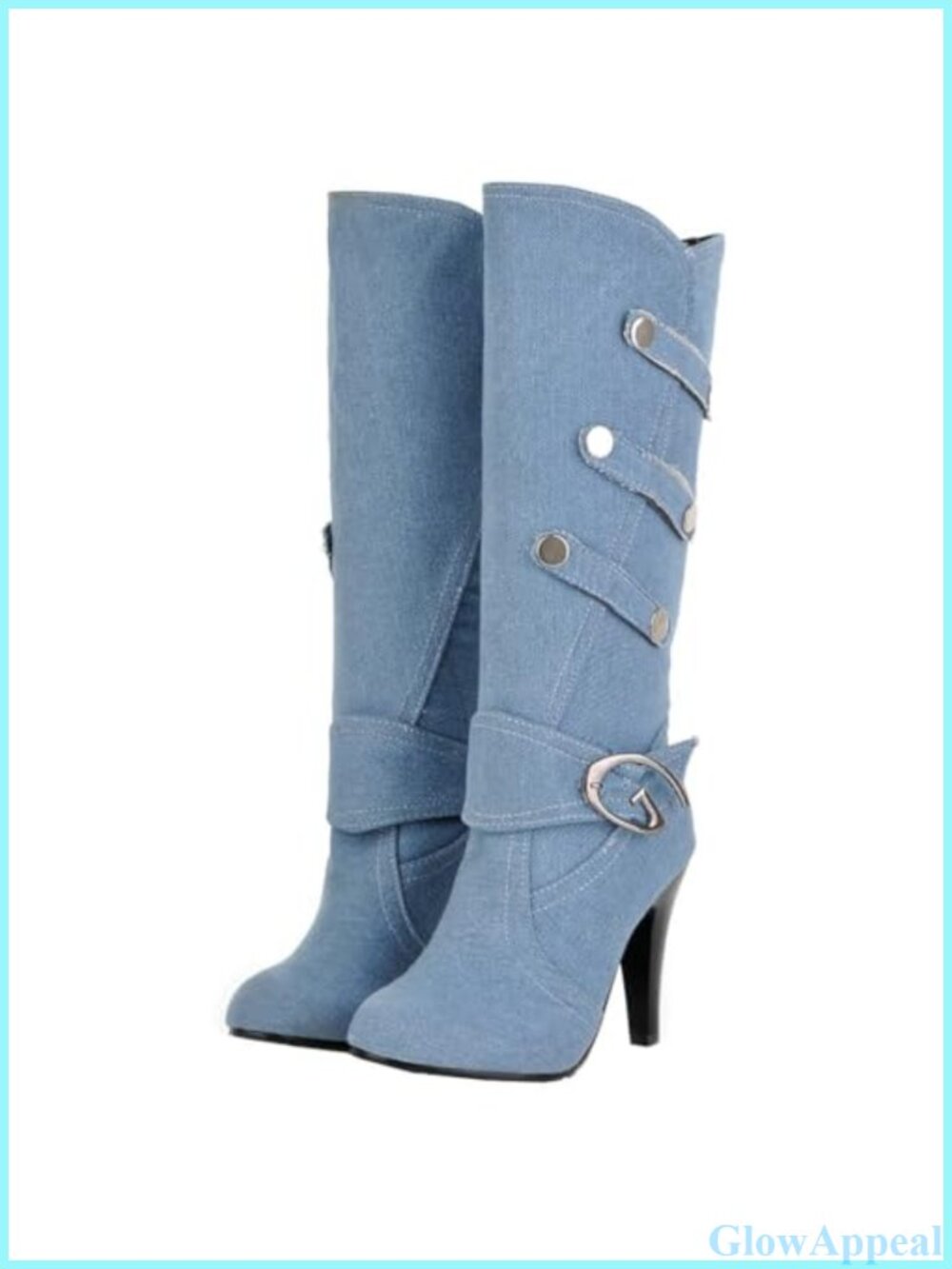 Womens Denim Knee High Boots Stiletto Heel Round Toe Slip On